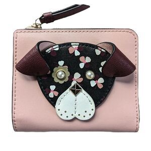 Kate Spade New York Pink Leather Cherrywood L-Zip Bifold Floral Pup wallet